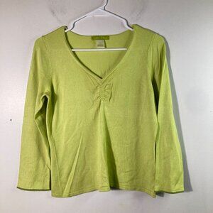 Womens Sigrid Olsen V Neck Ruched‎ Detail Sweater Green S Rayon Nylon Spandex